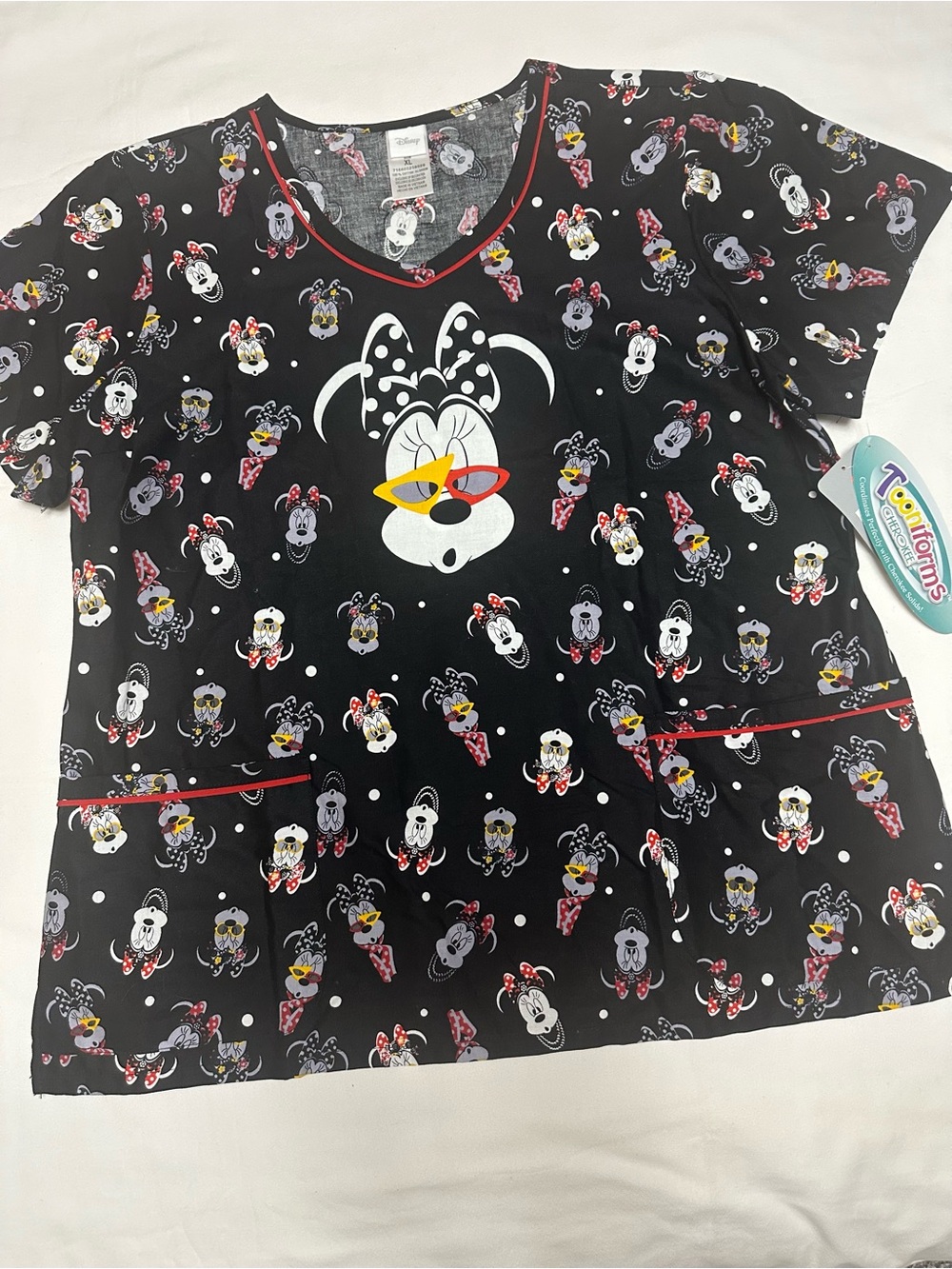 Disney Black Minnie Mouse Women’s Scrub Top with Red Trim
